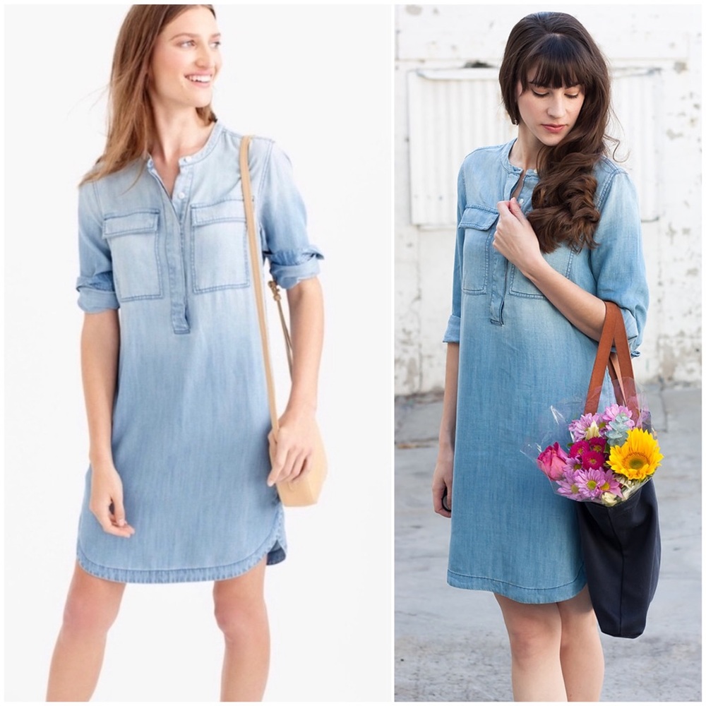 J. CREW Light Indigo Chambray Denim Shirtdress Shift Mini Long Sleeve Pocket XS